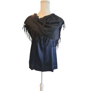 Theory Silk Top With Shawl Fringe Wool Navy Blue Sz M Casual Business Career